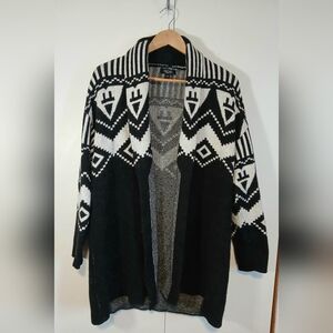 Rachel Roy Women’s Large Aztec Cardigan Sweater – Black & White Open Front Knit